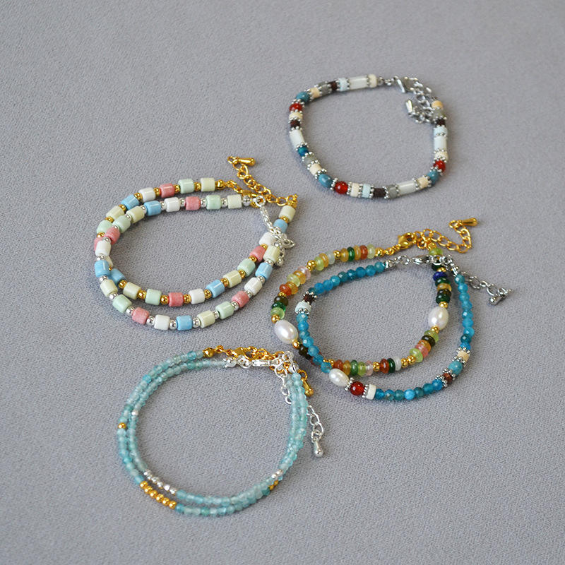 法式小众设计文艺复古时尚简约彩色真石串珠叠带个性气质细手链女详情3