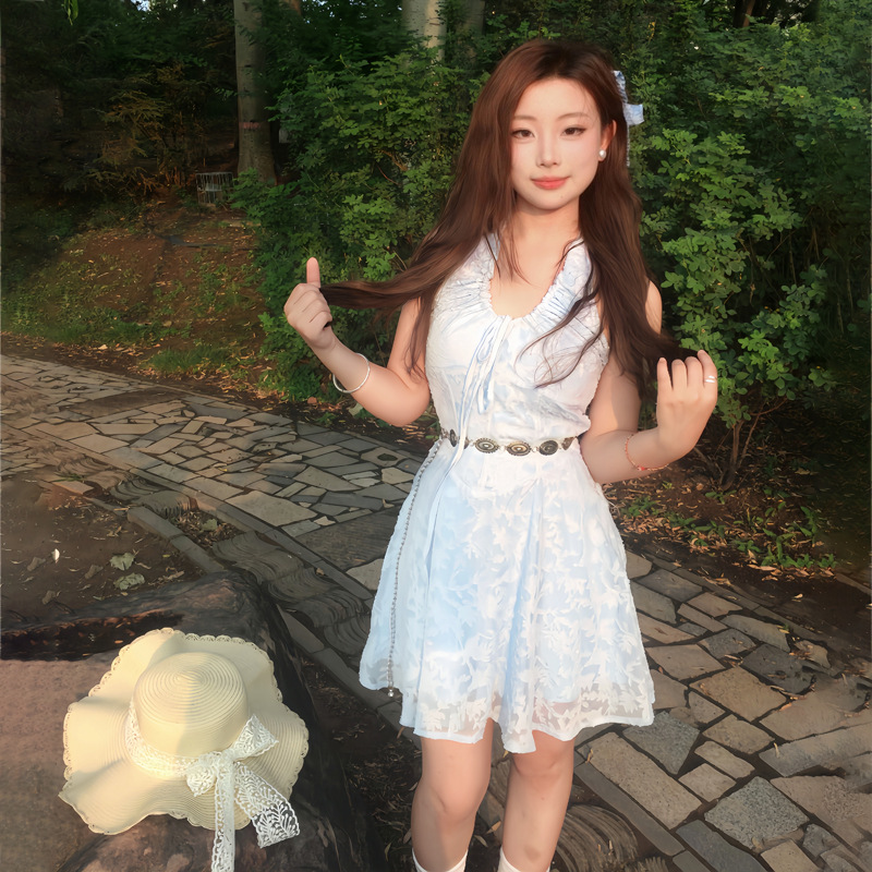 欧美风2025夏季新款女装性感挂脖露背提花纯欲高腰显瘦连衣裙批发详情29