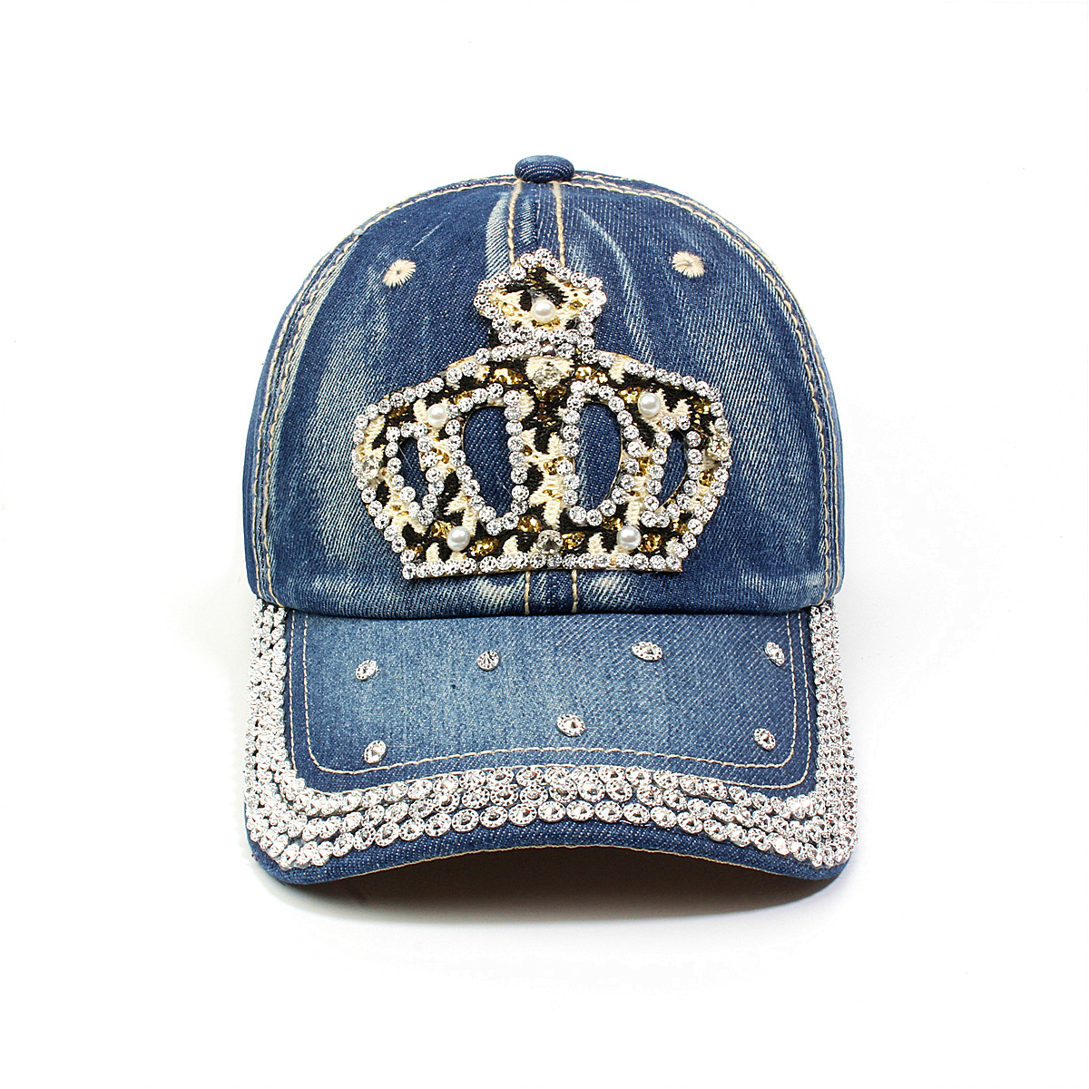 跨境外贸新款牛仔布女镶钻欧美国休闲成人棒球帽时尚洋气鸭舌帽子详情2