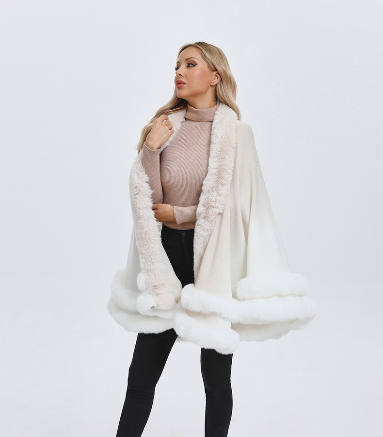 厂家定制 外贸亚马逊双层毛领斗篷披肩仿狐狸毛毛领披风加工开衫详情11