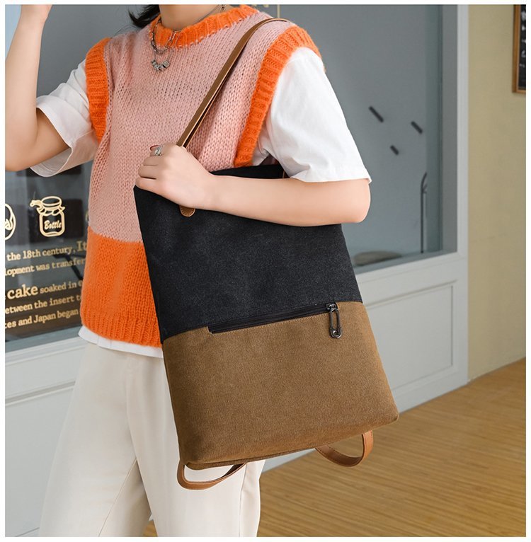 新款撞色复古帆布包简约女休闲包大容量单肩斜跨包时尚潮流手提包详情19