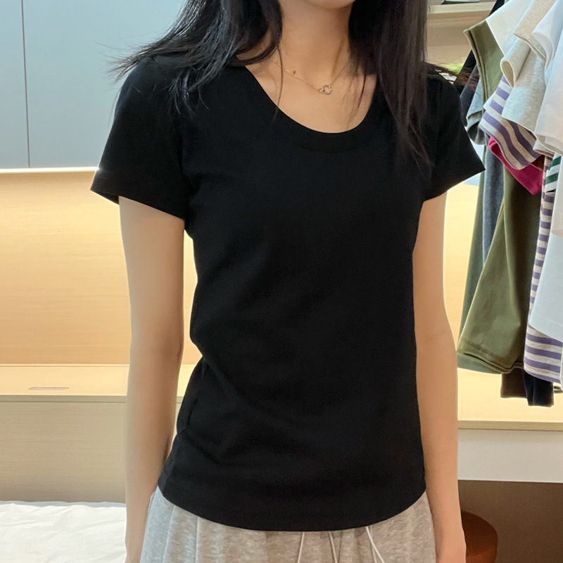 【高品质纯棉】u领收腰正肩显瘦大领口修身短袖T恤女打底衫上衣夏详情24
