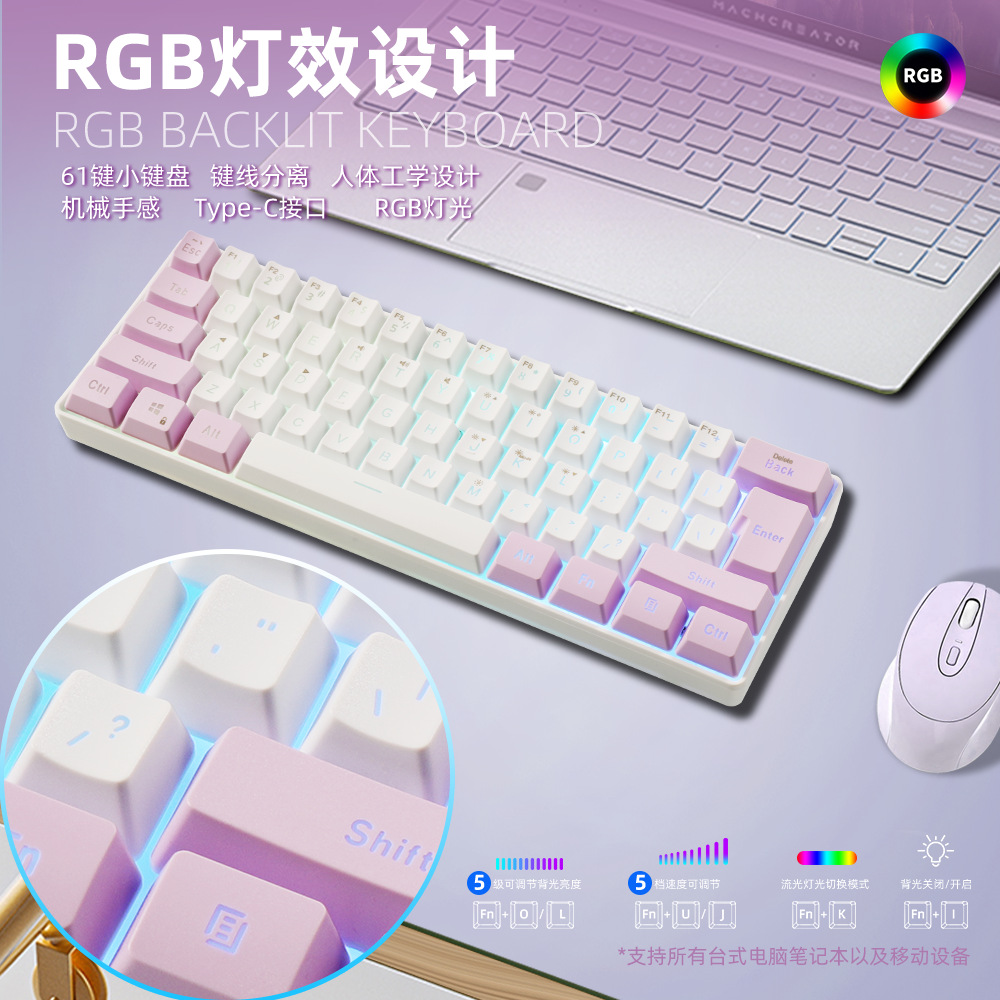 Wholesale and consignment of 61-key Yunguoguo k401 notebook desktop wired gaming small keyboard RGB illuminated keyboard pic 5