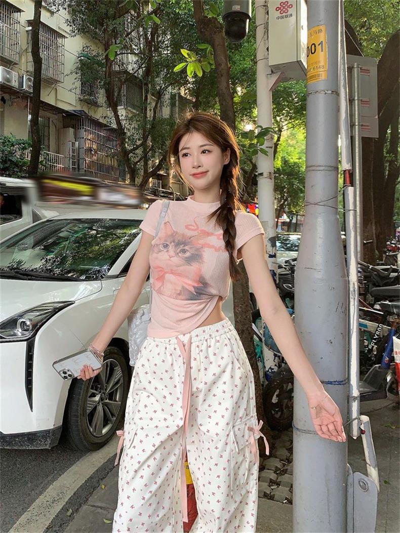甜辣时尚女猫咪2024新款印花短款修身T恤夏季内搭纯欲ins外穿上衣详情4