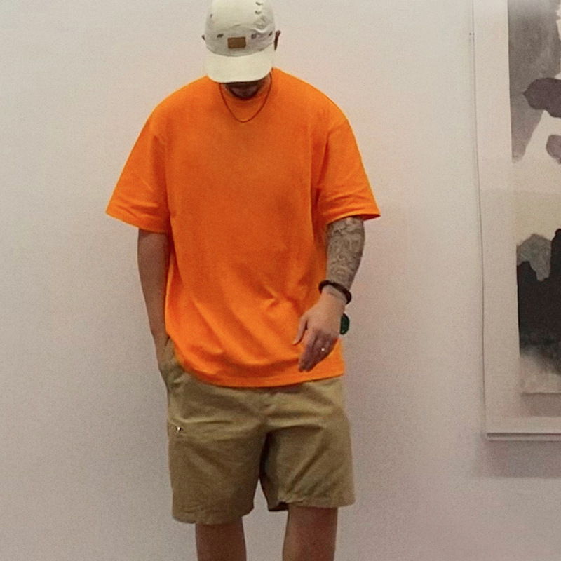 European size oversized off-the-shoulder solid color American heavyweight small collar T-shirt hip-hop pure cotton short-sleeved loose T-shirt pic 4