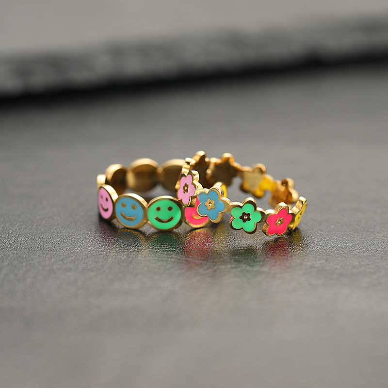 跨境不锈钢饰品清新甜美彩色笑脸花朵开口可调节钛钢戒指女手饰详情3