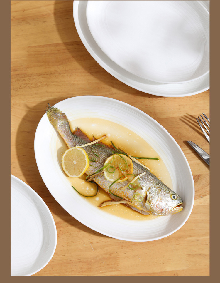 条纹陶瓷鱼盘ins盘子家用批发餐具简约椭圆形纯白菜盘蒸鱼专用盘详情14