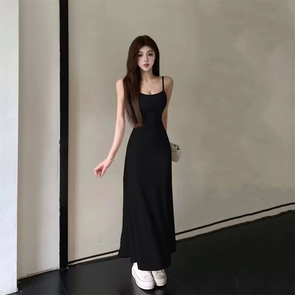 2025夏季辣妹弹力吊带连衣裙子女无袖露肩收腰显瘦一字肩打底长裙详情12