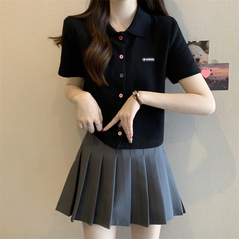 夏季大码胖mm学院风减龄彩色扣polo领正肩黑色短袖T恤女小衫上衣详情14