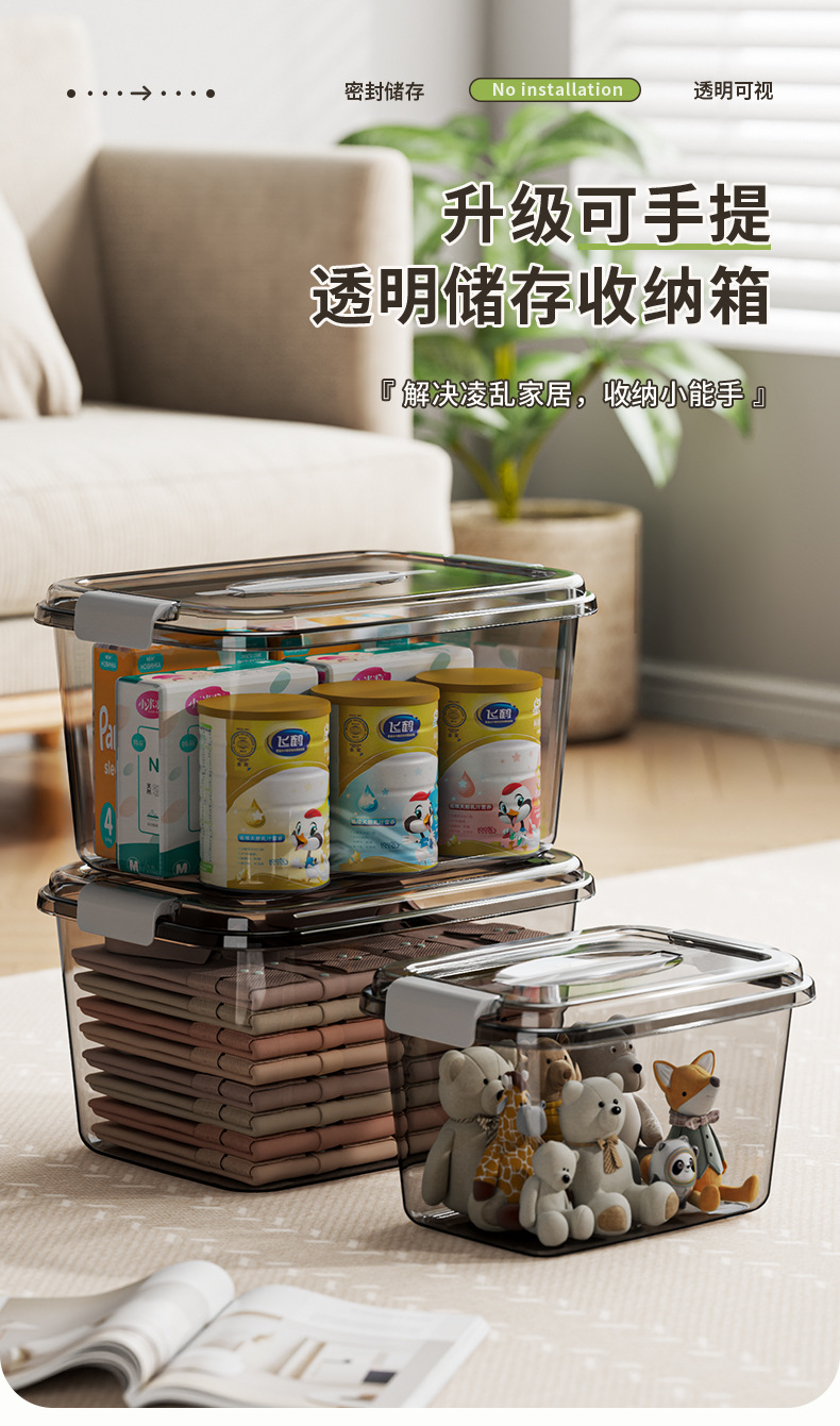 新款PET透明收纳箱带盖装衣服防潮密封储物箱子零食盒玩具整理筐详情3