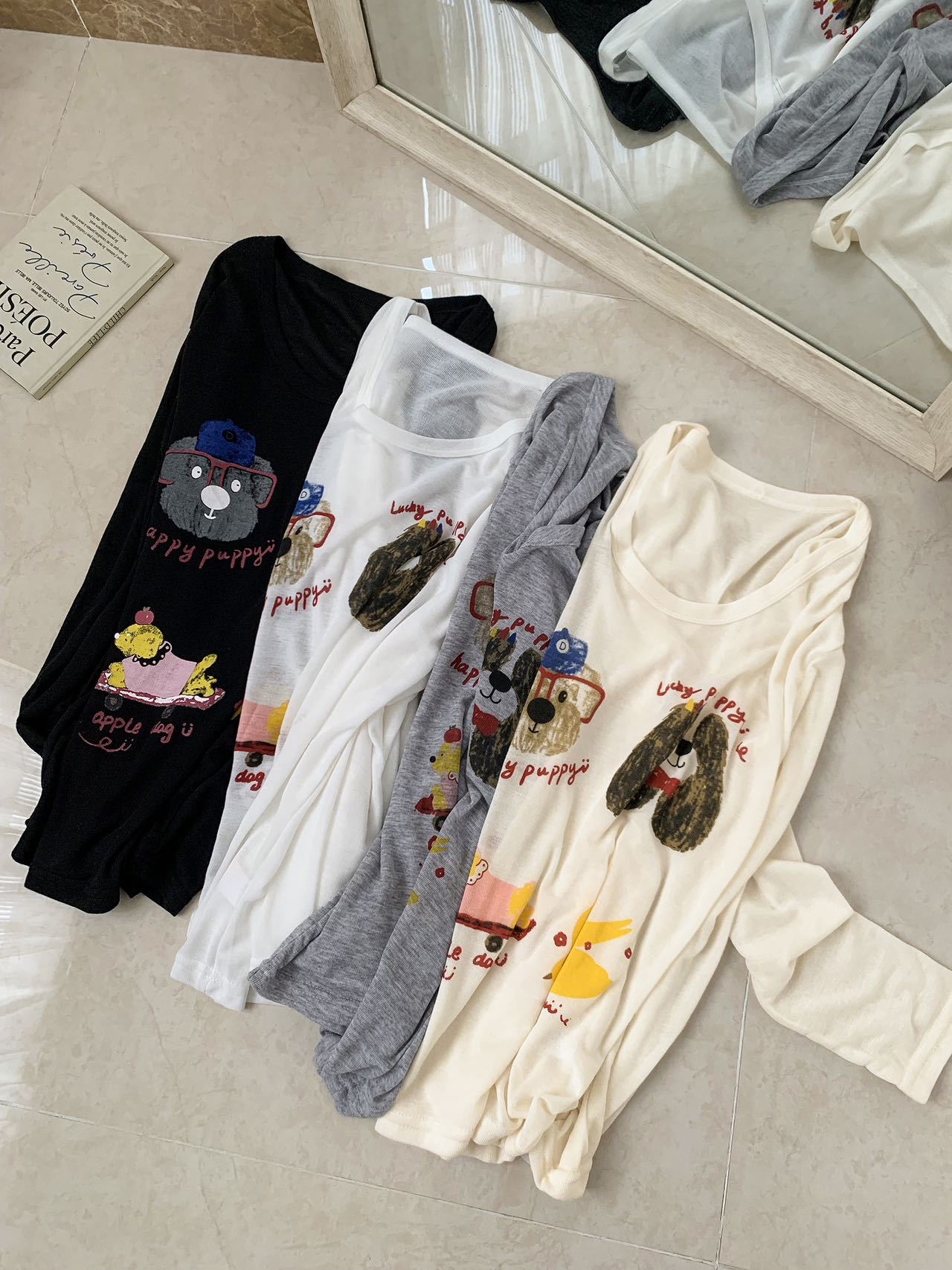 Loose-fitting, wide-necked, thin, sun-protective smock for women, summer, youthful cartoon printed long-sleeved T-shirt, U-neck top pic 31