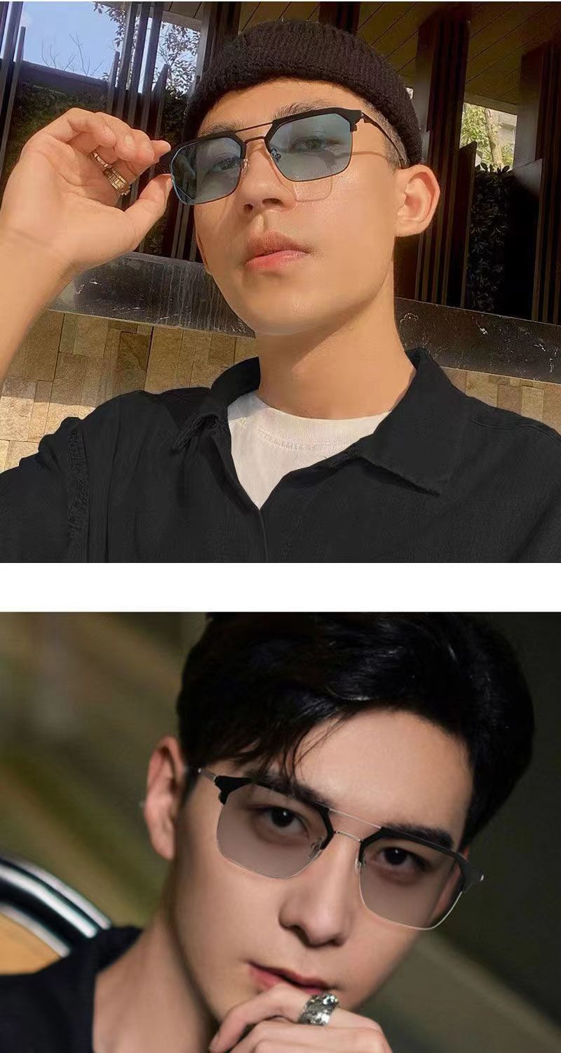 新款复古双梁男款大框防蓝光变色眼镜自动感光变色成品近视眼镜框详情7