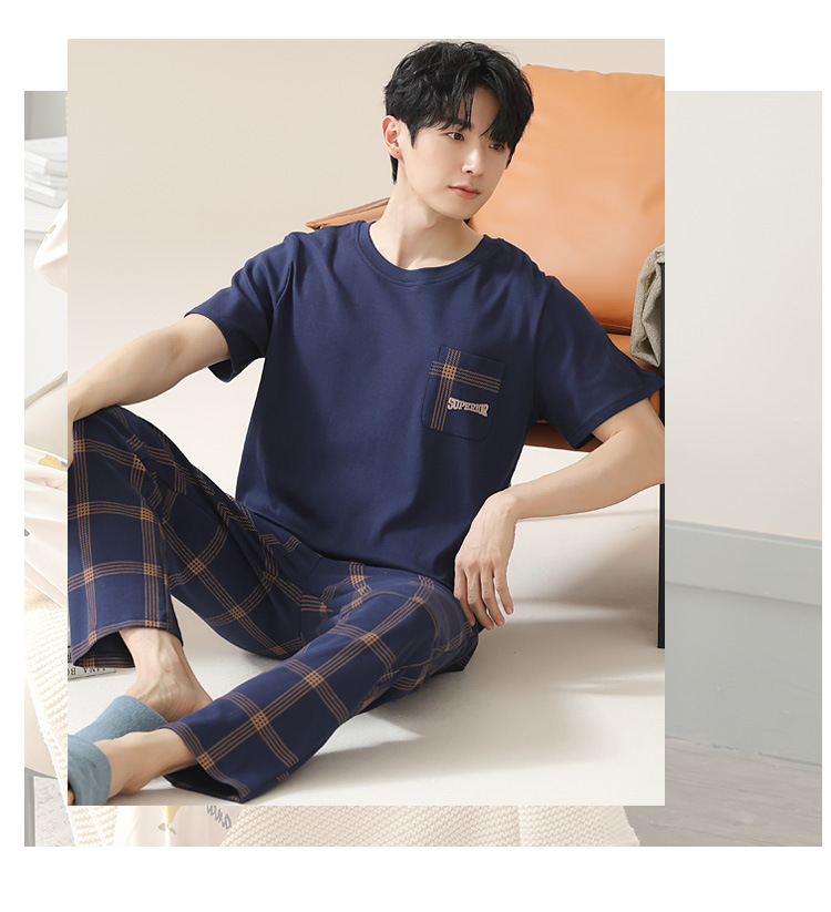 Summer pure cotton pajamas for men, cartoon casual short-sleeved shirts and long pants, pure cotton comfortable home wear, summer youth student set pic 8