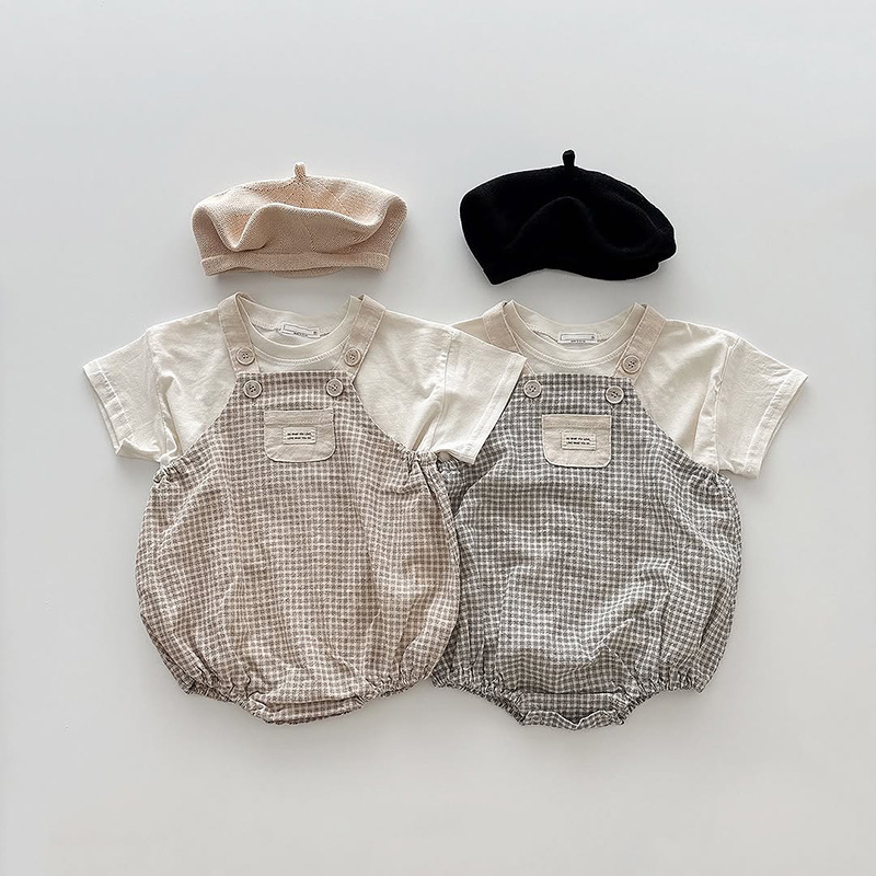 新品日韩风夏季男女儿童背带裤夏季薄款连体衣小童宝宝衣服+短袖T详情2