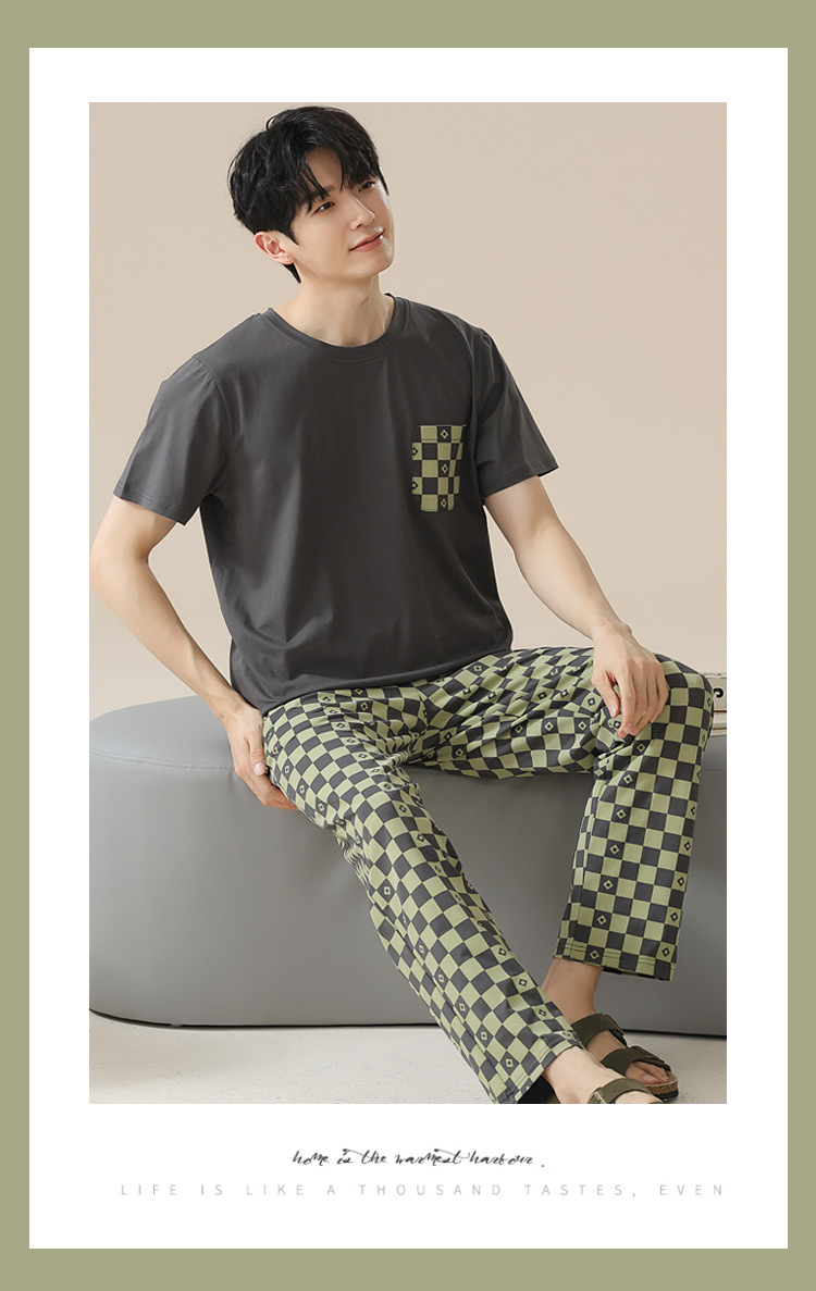 Summer pure cotton pajamas for men, cartoon casual short-sleeved shirts and long pants, pure cotton comfortable home wear, summer youth student set pic 87