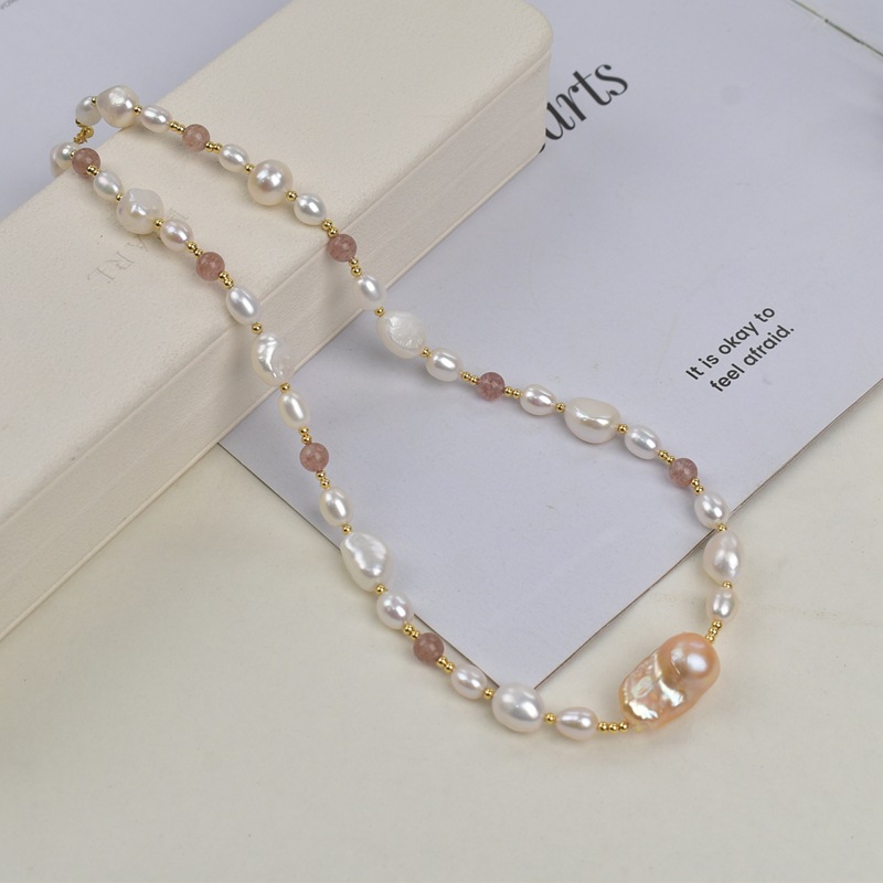 French caramel grass mold crystal natural stone Baroque natural freshwater pearl necklace, a new high-end sweater chain for women pic 5