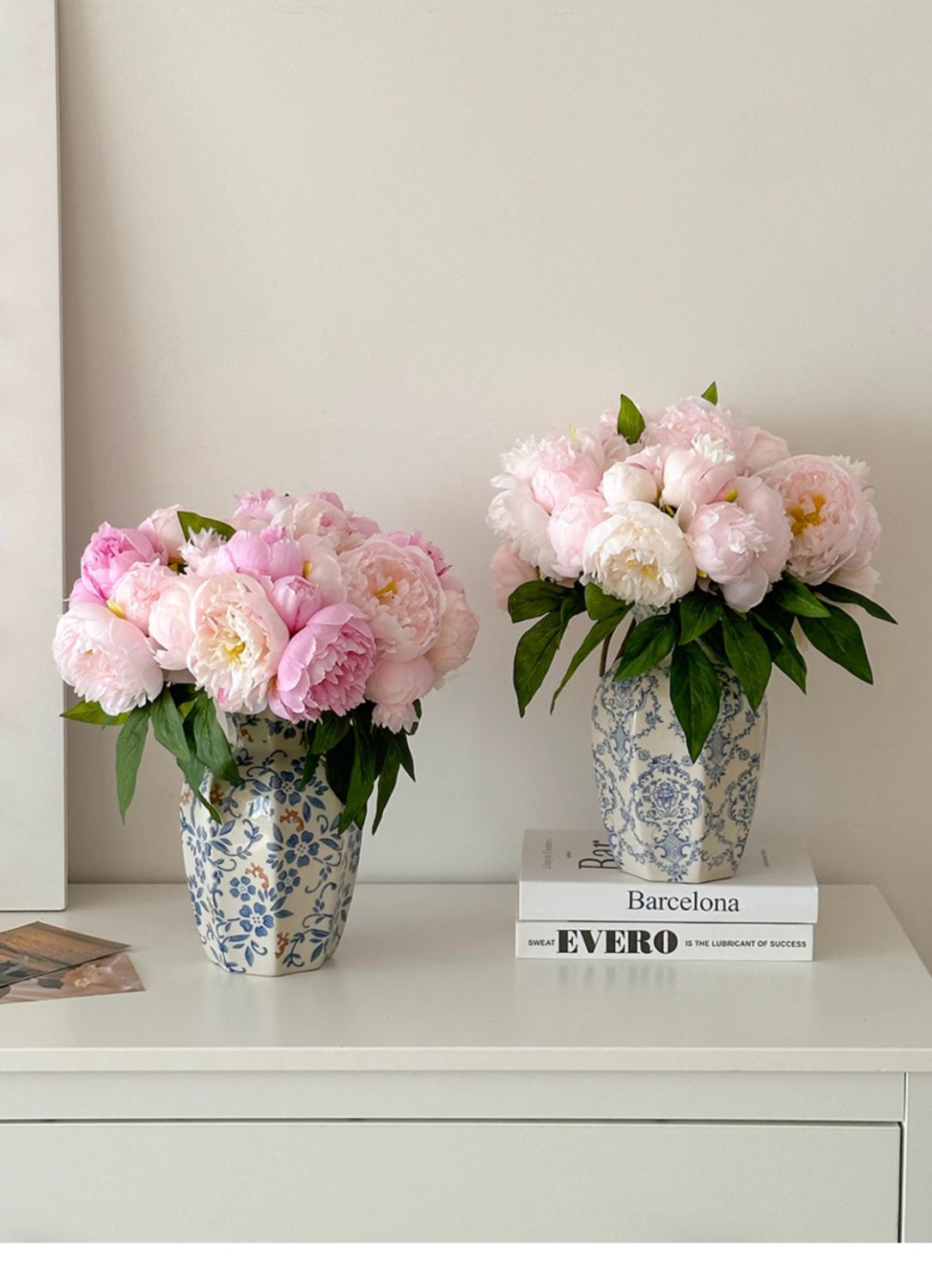New blue and white porcelain ceramic vases, new Chinese-style ornaments, living room flower arrangements, entrance hall decorations, ancient-style simulated peonies pic 7