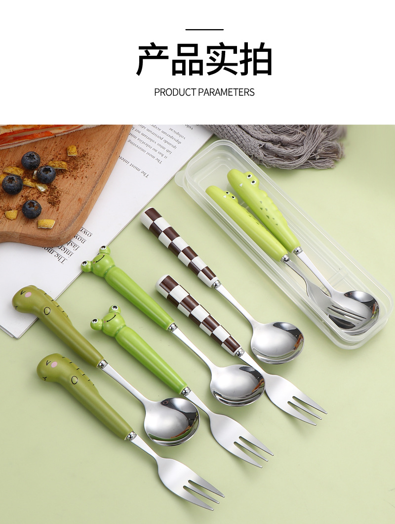陶瓷柄不锈钢勺叉筷子 高颜值卡通动物调羹学生长柄餐具套装可爱详情14