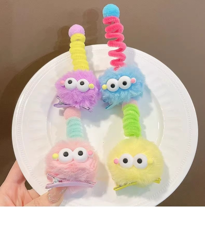 可爱毛球发夹大眼睛丑萌娃娃煤球头饰女童卡通搞怪个性鸭嘴夹详情9