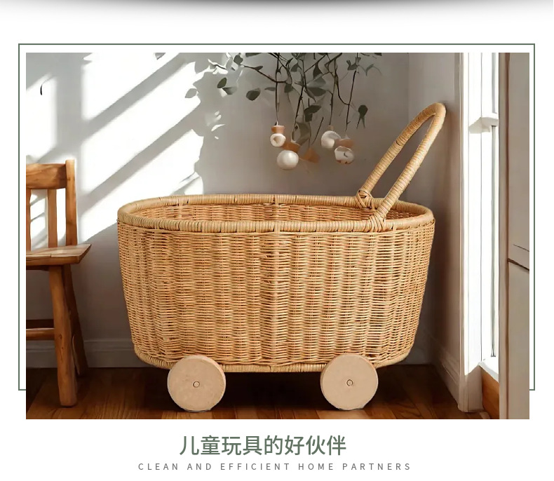 Rattan toy storage basket for children aged 3-6, playing house, rattan trolley, hand-woven storage basket pic 2