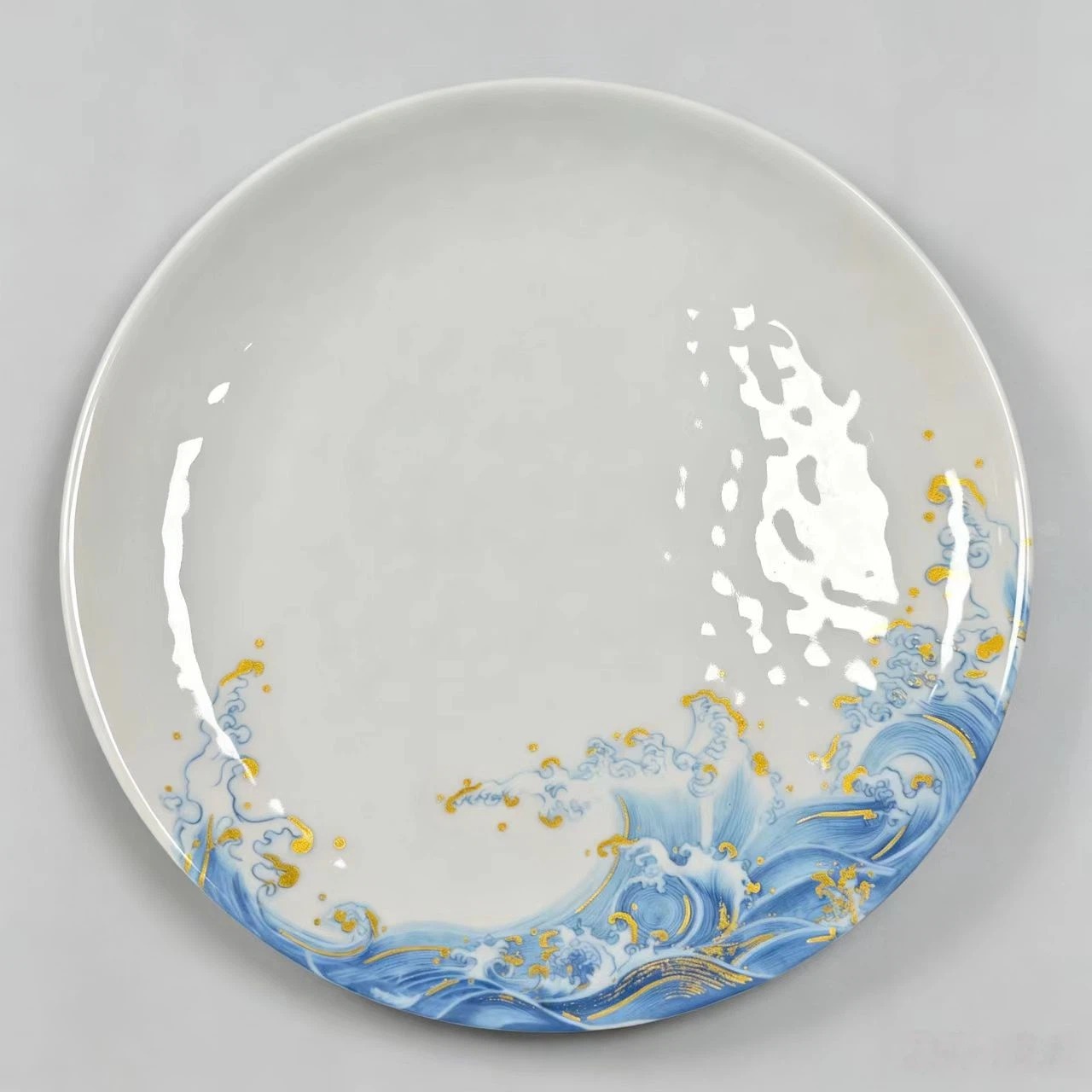 Customized processing of golden wave printed melamine imitation porcelain round fast food plates, vegetable plates, fruit plates, and durable plastic bowls pic 3