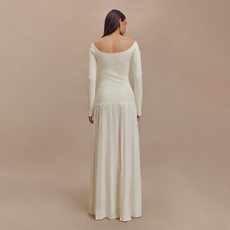 D016DS European and American cross-border 2024 Autumn new solid color one-shoulder long-sleeved slim French patchwork long dress pic 10