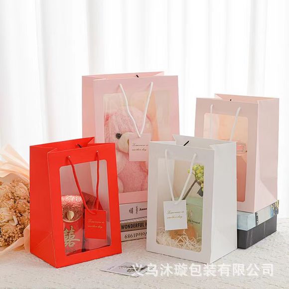 礼品袋烘焙白卡礼袋正方形透明礼盒包装袋鲜花玩偶礼物手提袋详情5