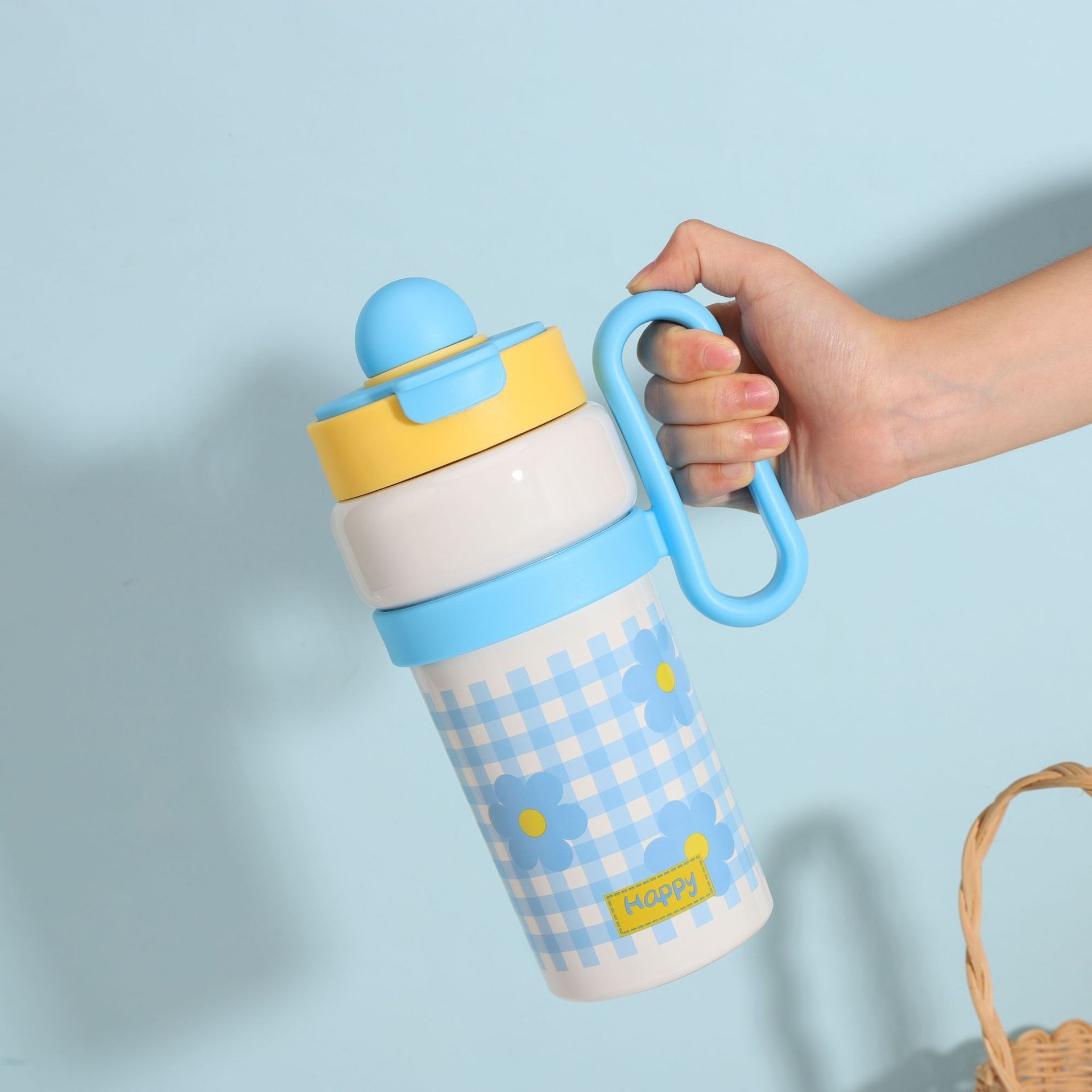 316 stainless steel insulated cup, portable shoulder strap, handle cup, high appearance level, cartoon large capacity, with straw, double drinking cup pic 4