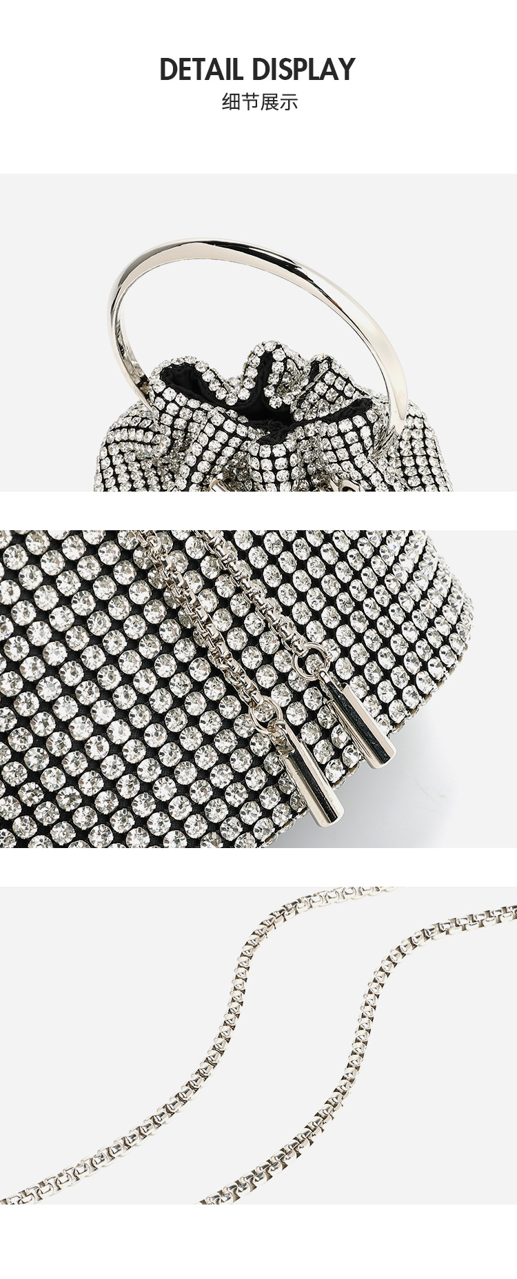 跨境热卖晚宴包钻包2024春季新款时尚链条镶钻单肩斜跨水桶包批发详情12