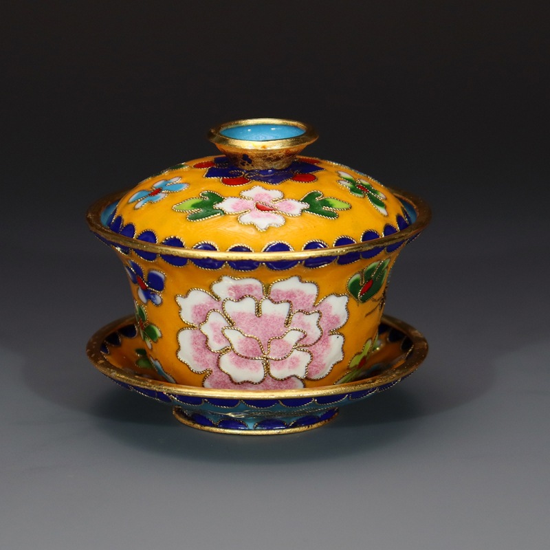 Beijing Cloisonne craft cultural gift and decorative items: copper body, cloisonne enamel, filigree, silver blue, large and small tea bowls and covered bowls pic 5