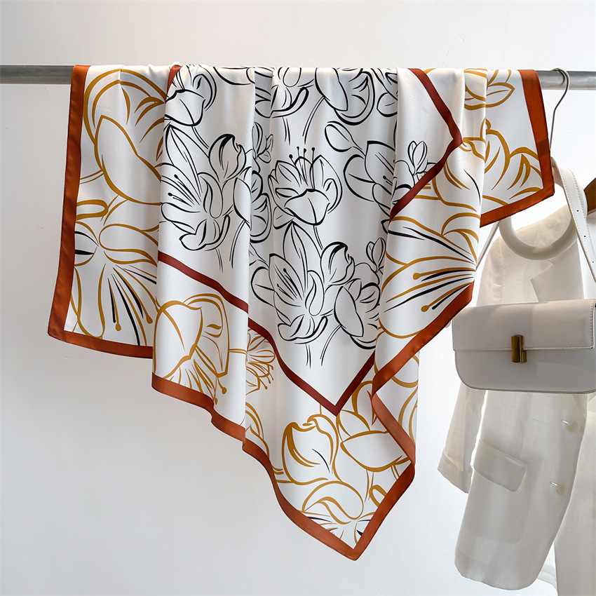 National trend retro printed artistic silk scarf, 90cm twill silk scarf, lotus flower fashionable large square scarf, sun protection shawl headscarf pic 7