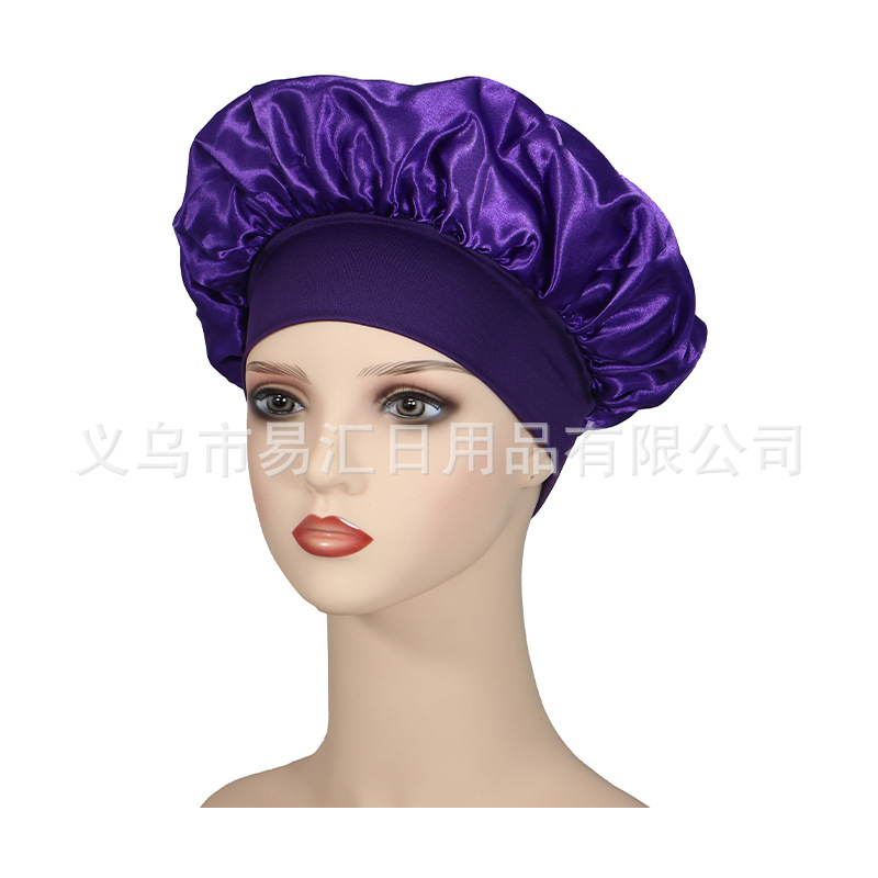 跨境热卖纯色宽边弹力成人睡帽 男女时尚护发美容浴帽色丁帽详情6