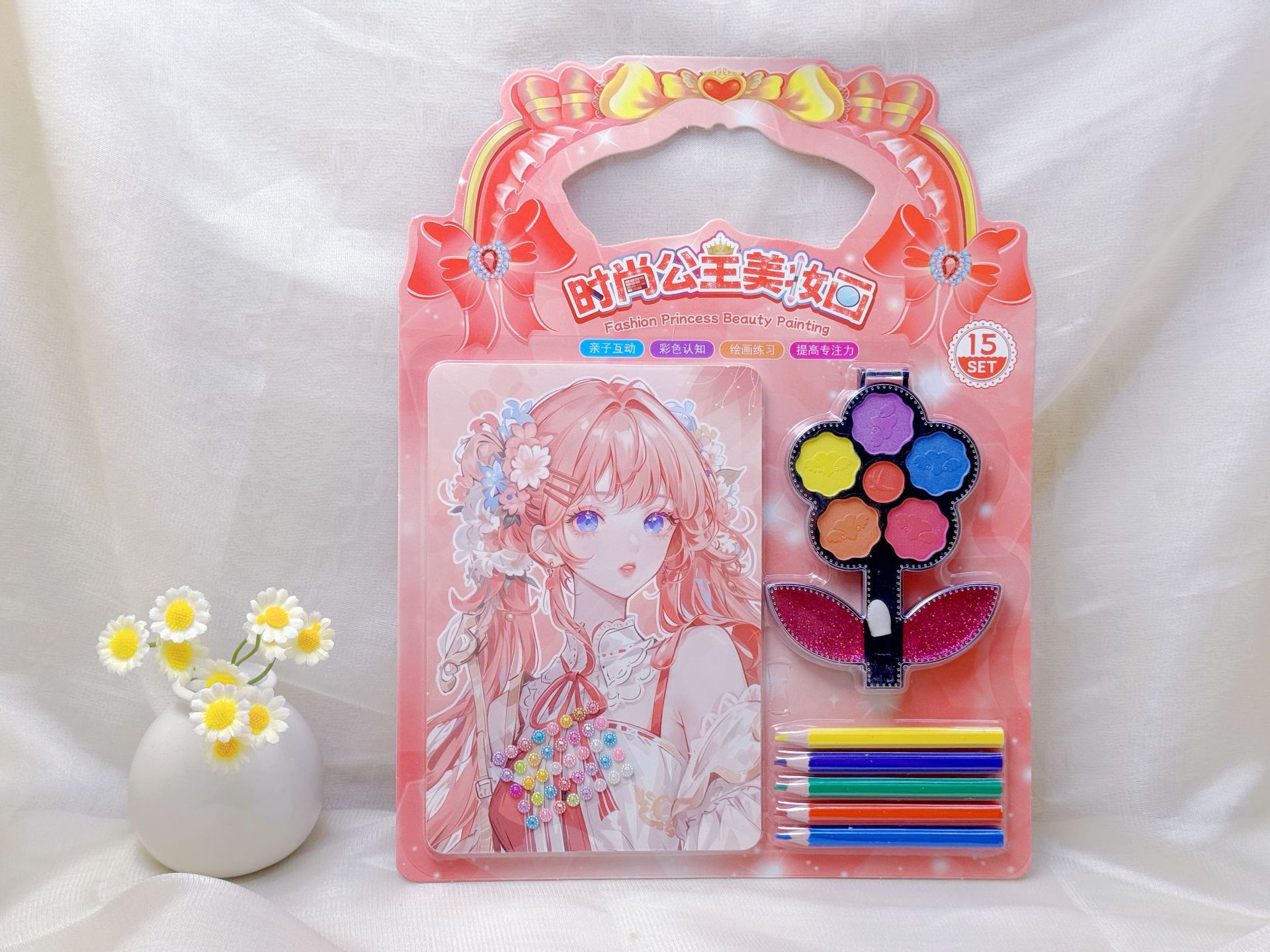 批发儿童彩妆贴画DIY填色涂鸦化妆贴画彩画彩铅钻贴6只笔一卡4张详情10