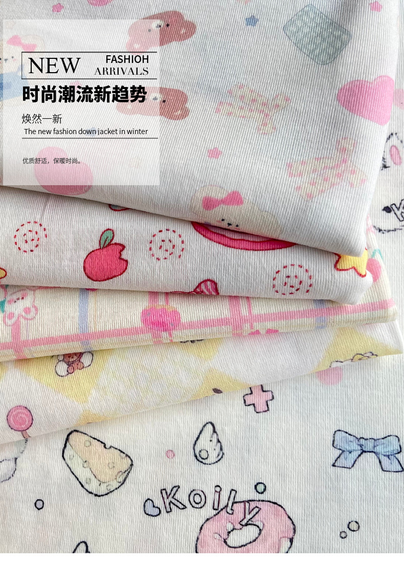 春夏时尚新品男女宝宝套装上衣可爱卡通印花弹力针织磨毛坑条面料详情1