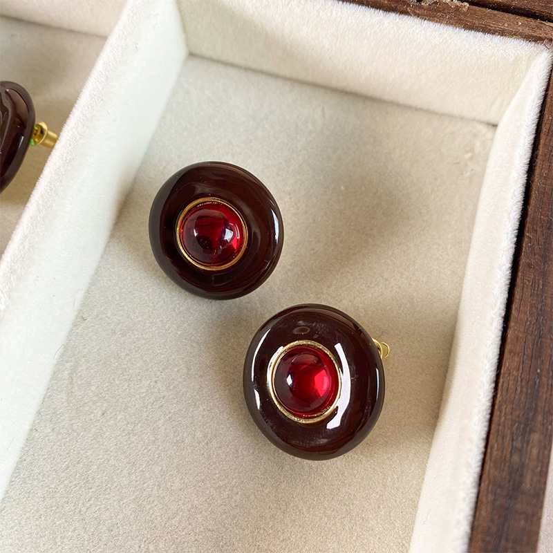 赫本风珐琅彩安哥拉红色绿色圆形珍珠耳钉复古vintage网红爆款详情6