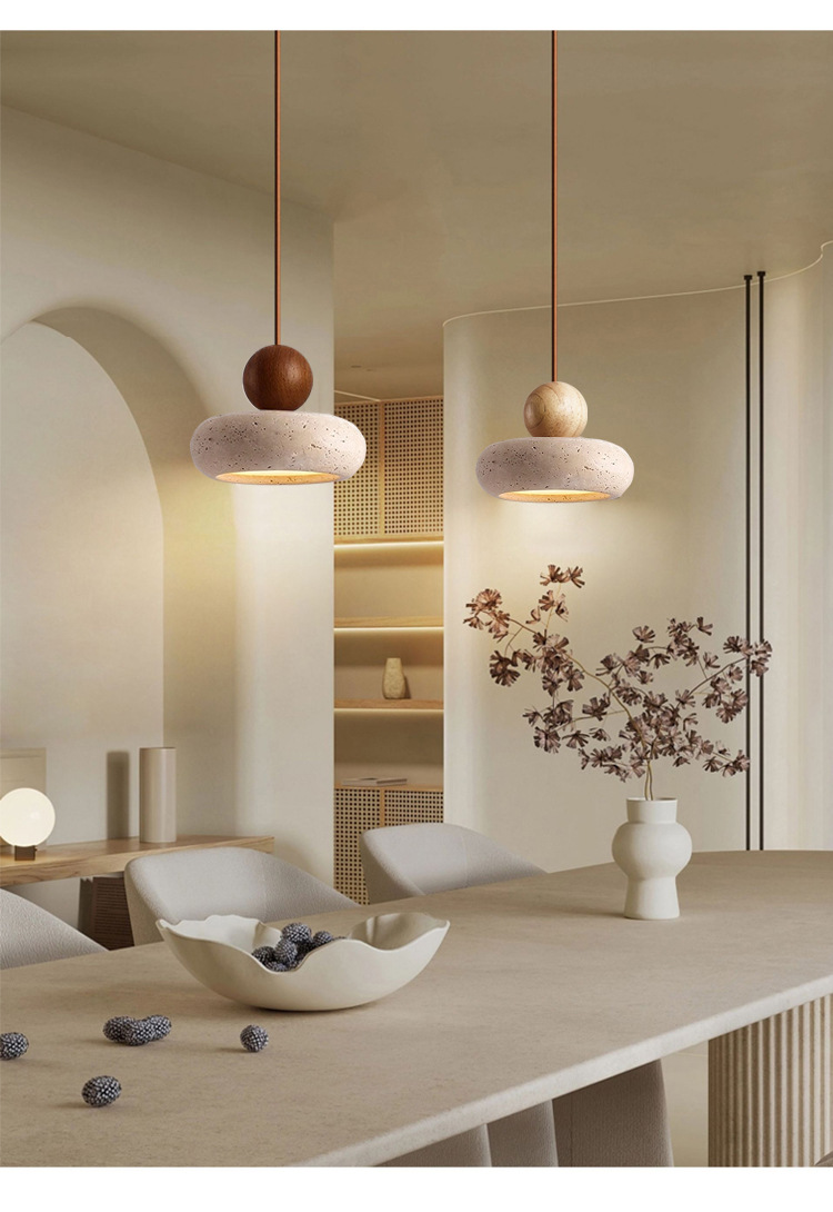 复古侘寂风天然黄洞石小吊灯民宿卧室床头灯餐厅吧台实木圆球灯具详情2