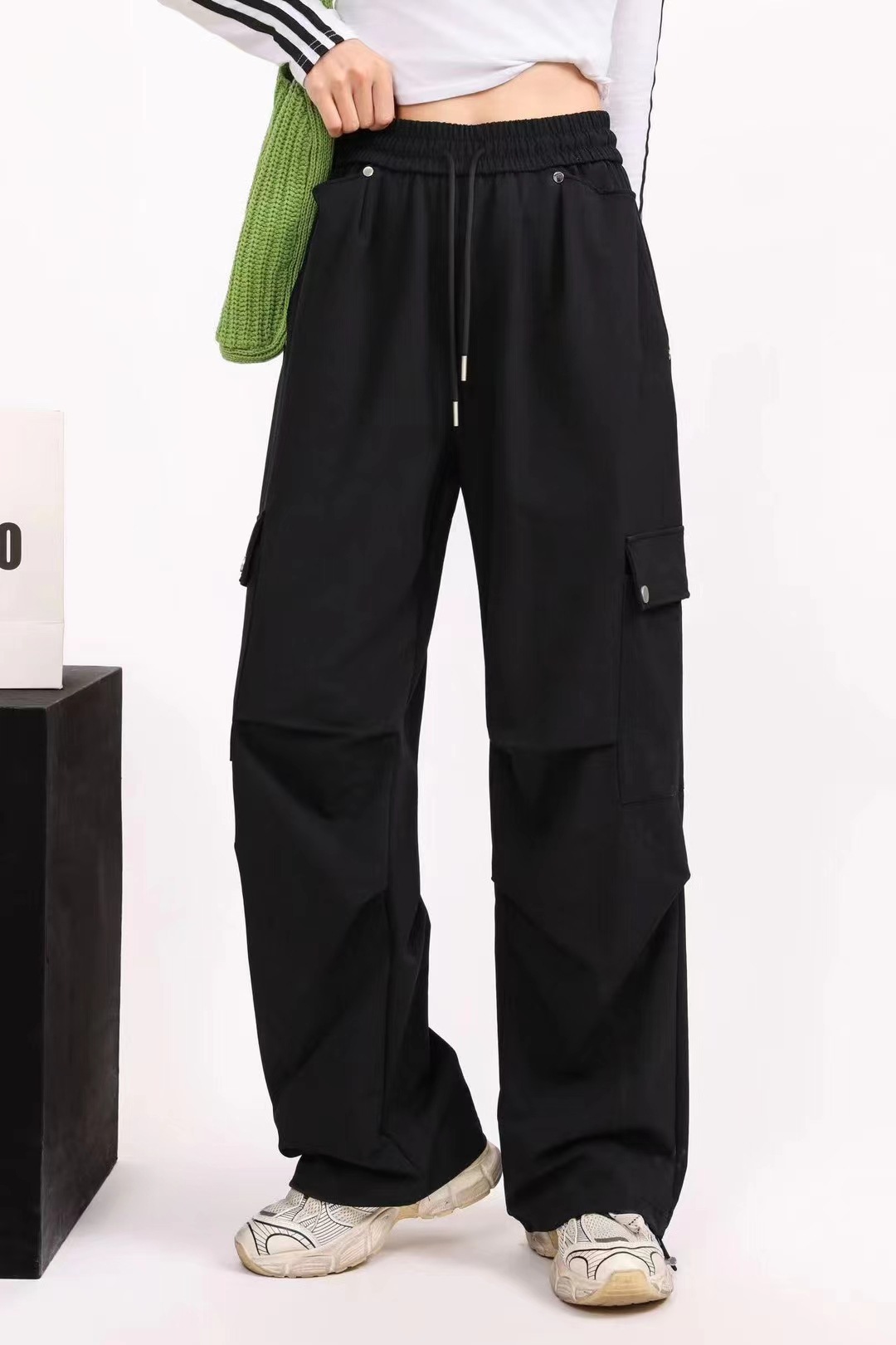 Workwear sweatpants for women, multi-pocket straight bucket tapered long pants for women, casual pants, simple elastic high-waisted tapered pants pic 8