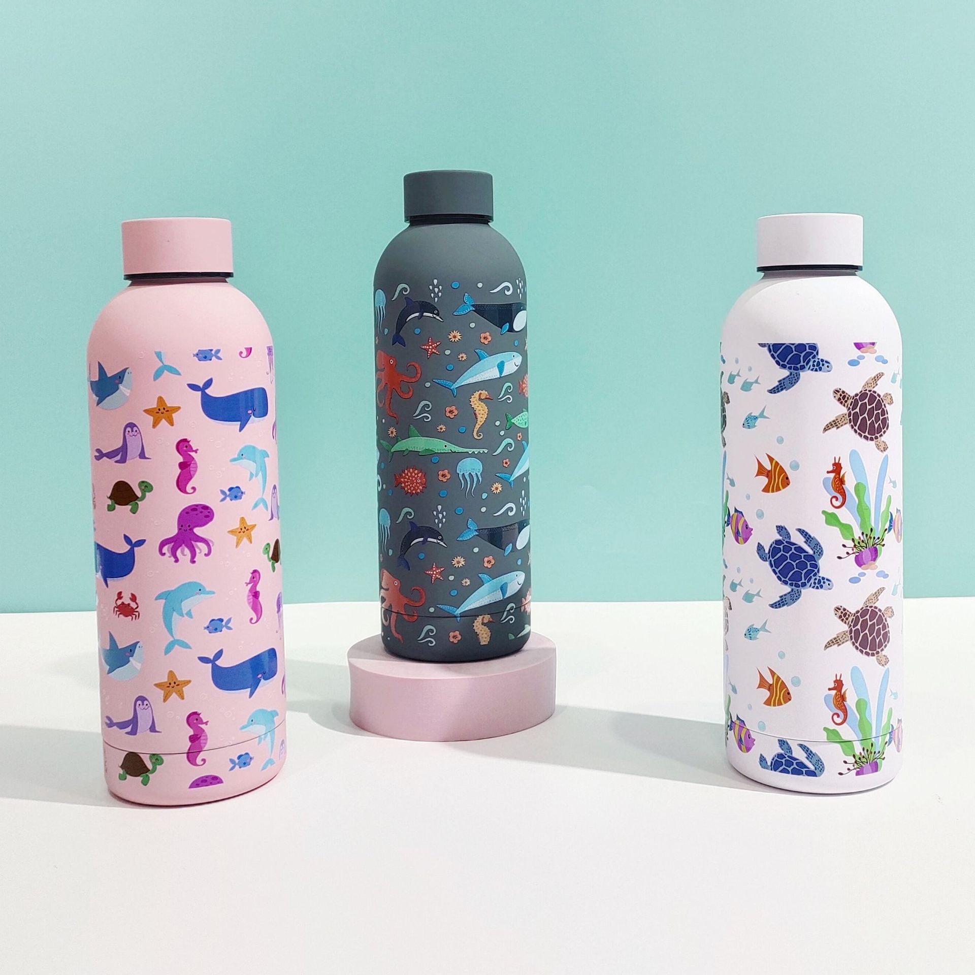 外贸新款不锈钢小口瓶保温杯海洋精美图案户外便携式美式运动水瓶详情2