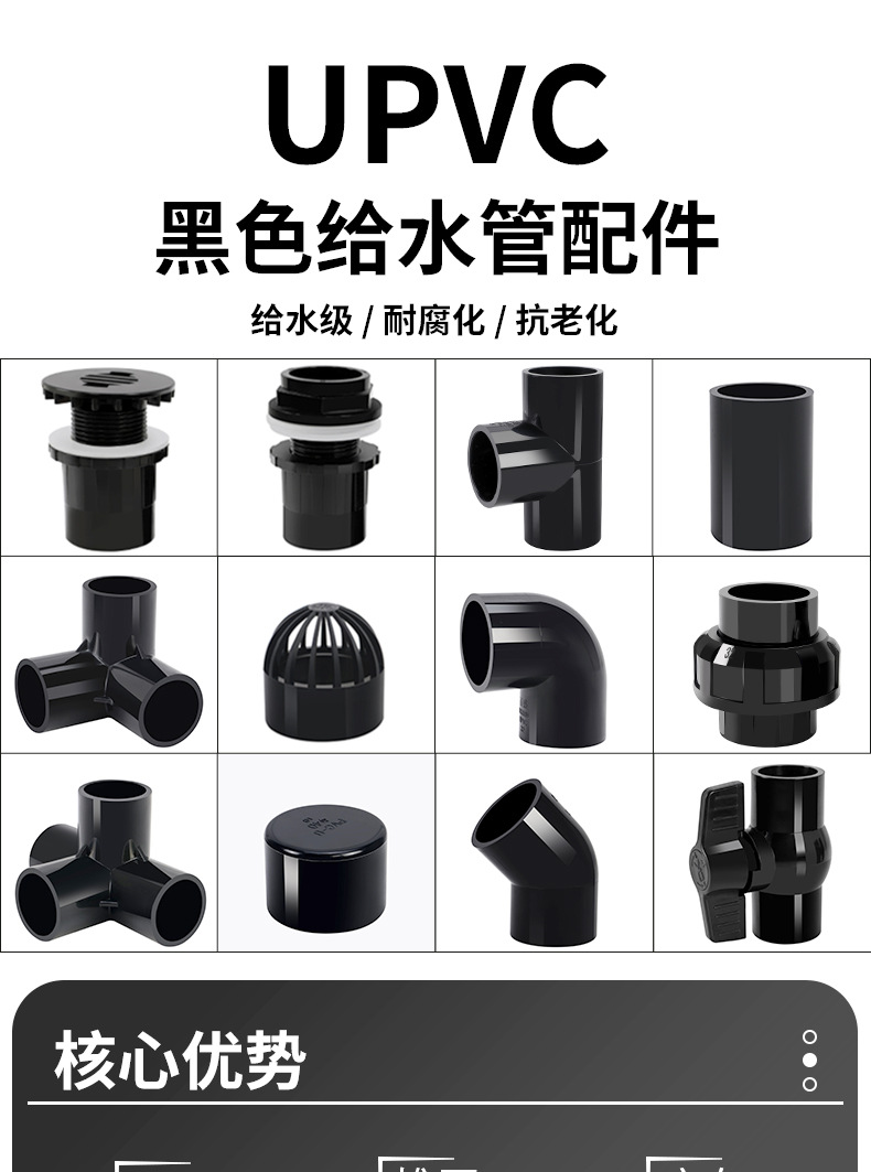 黑色pvc管件水管配件大全弯头三通鱼缸上下水接头周转箱底滤排水详情1
