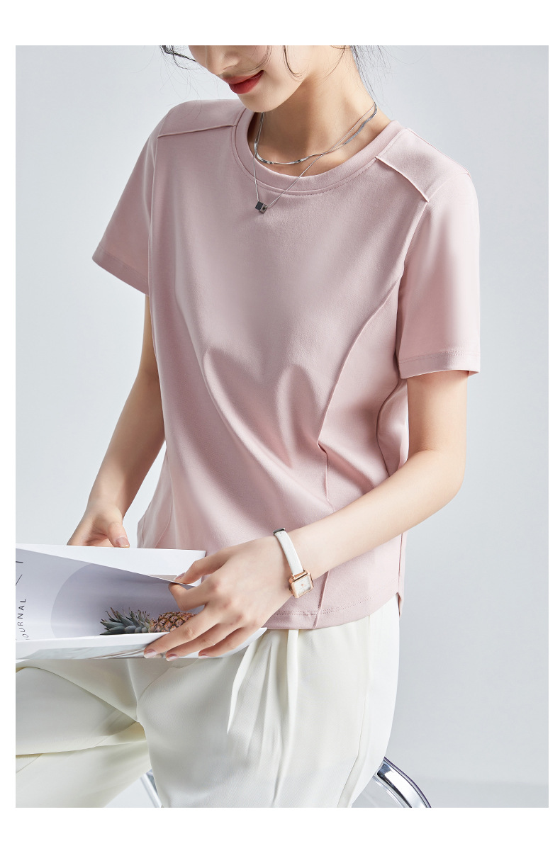 The same style of white short-sleeved off-the-shoulder T-shirt for women in the mall, 25 summer mercerized cotton round-neck base layer T-shirt, half-sleeved pic 28