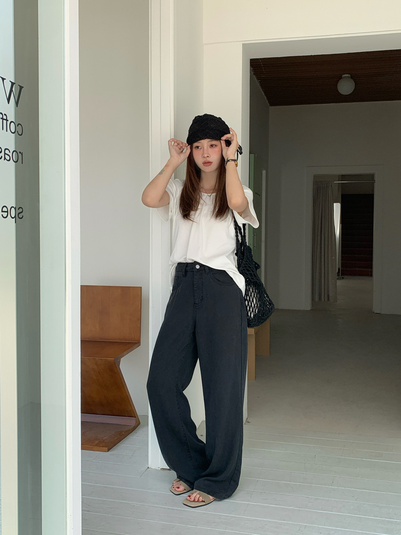 GAGD Tencel cool-feel washed wide-leg jeans for petite women, summer comfortable straight-leg slimming denim pants pic 7