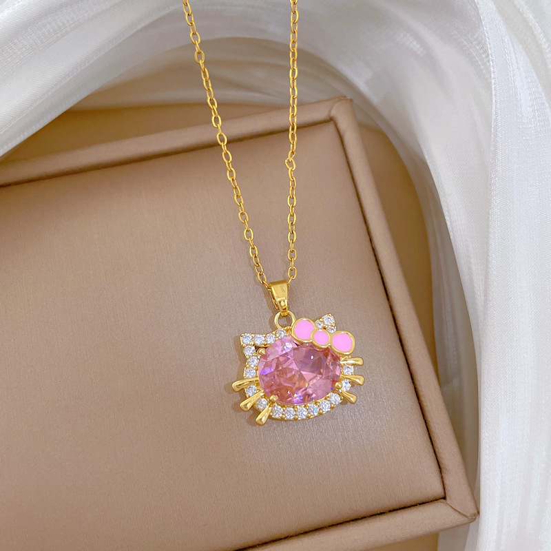 【钛钢】粉色猫咪蝴蝶结轻奢气质华丽满钻项链女百搭锁骨钛钢链详情12