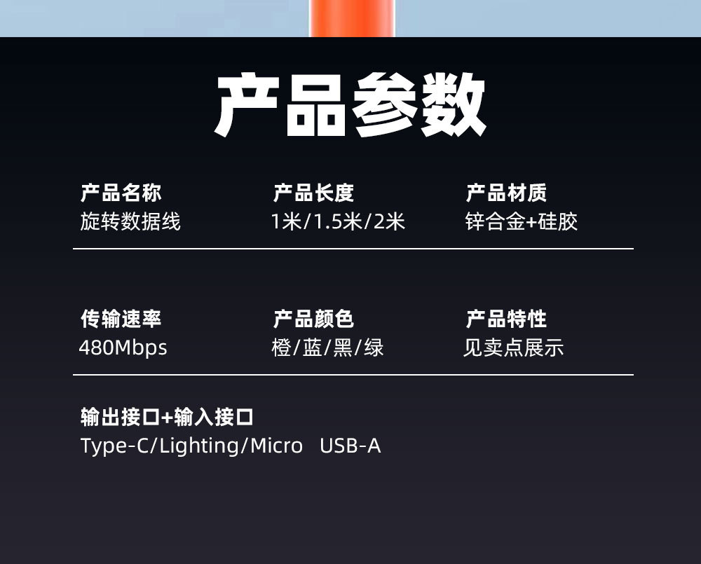 180度6A旋转数据线适用iPhon华为快速充电数据传输锌合金USB线详情6