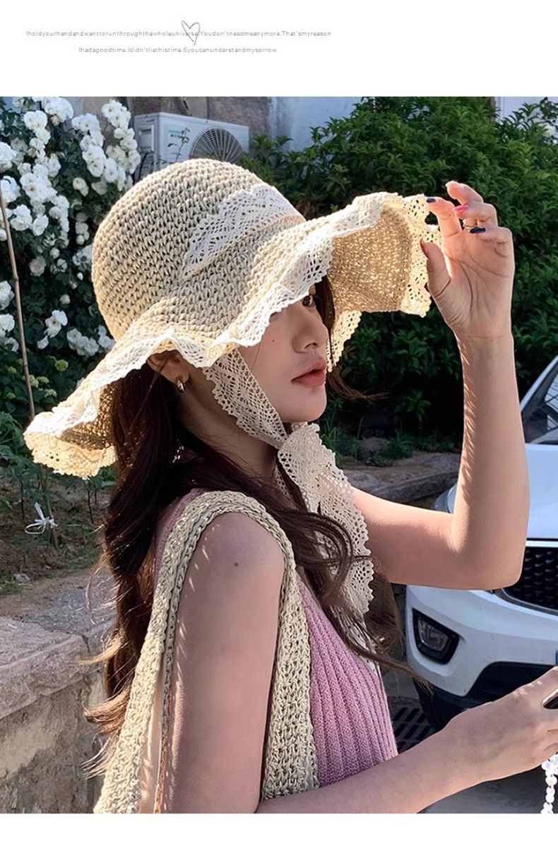 草帽海边帽子ins系带草编帽女出游防晒沙滩太阳帽蕾丝遮阳帽详情8