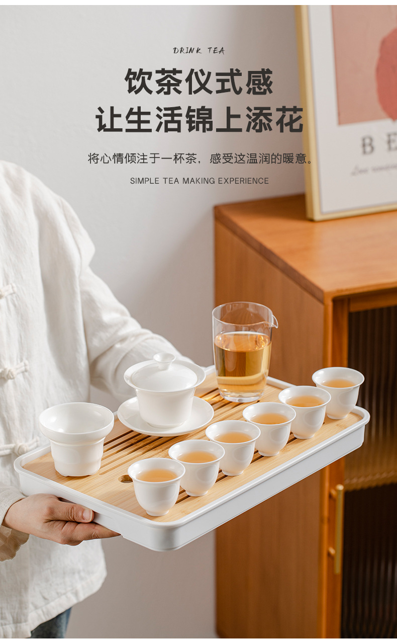 Dehua jade white porcelain tea set, household tea pot, lid, bowl, tea cup, tea tray, complete set of Gongfu tea sets pic 5