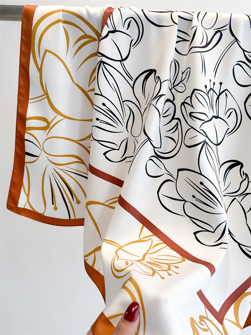 National trend retro printed artistic silk scarf, 90cm twill silk scarf, lotus flower fashionable large square scarf, sun protection shawl headscarf pic 8