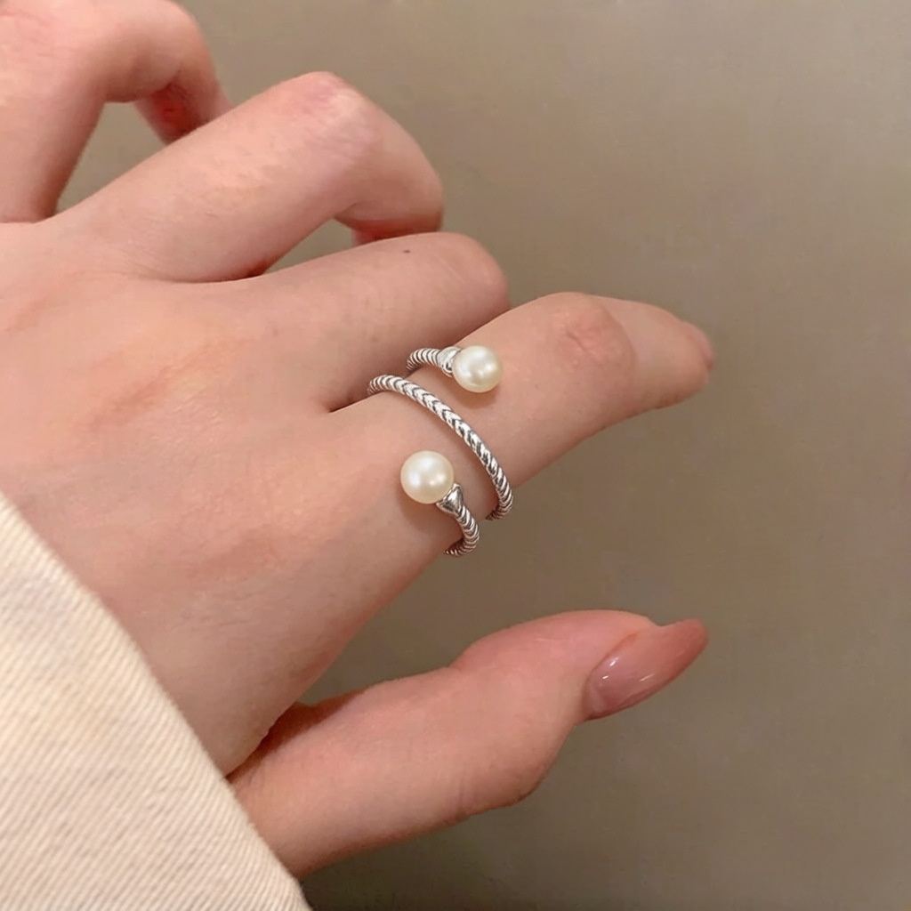 S925 sterling silver wound pearl ring for women, a light luxury and high-end exquisite index finger ring, fashionable and individual, with adjustable opening pic 1