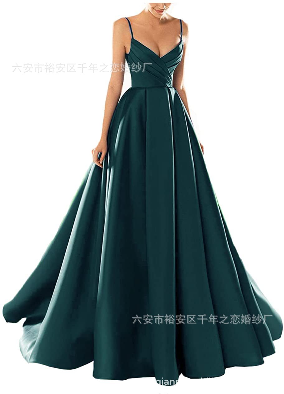 晚礼服欧美外贸2023新款春季中腰缎面粉色气质长款吊带宴会晚礼服详情22