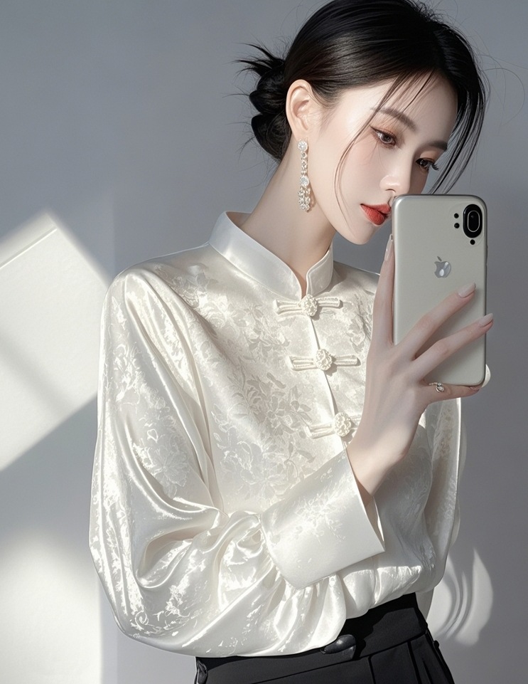 国潮新中式国风内搭打底衫女2025早春高级感轻奢减龄洋气白色提花衬衫详情4