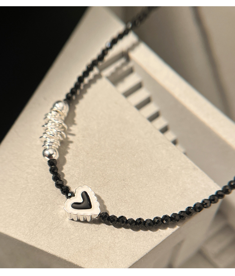 925纯银不规则黑色晶石项链女简约手工穿制爱心滴油锁骨链N1038详情16